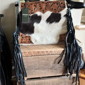 Myra Bag TUMBLEWEED TRAIL FRINGED HAND-TOOLED BAG CALF HAIR LEATHER FRINGE TASSE